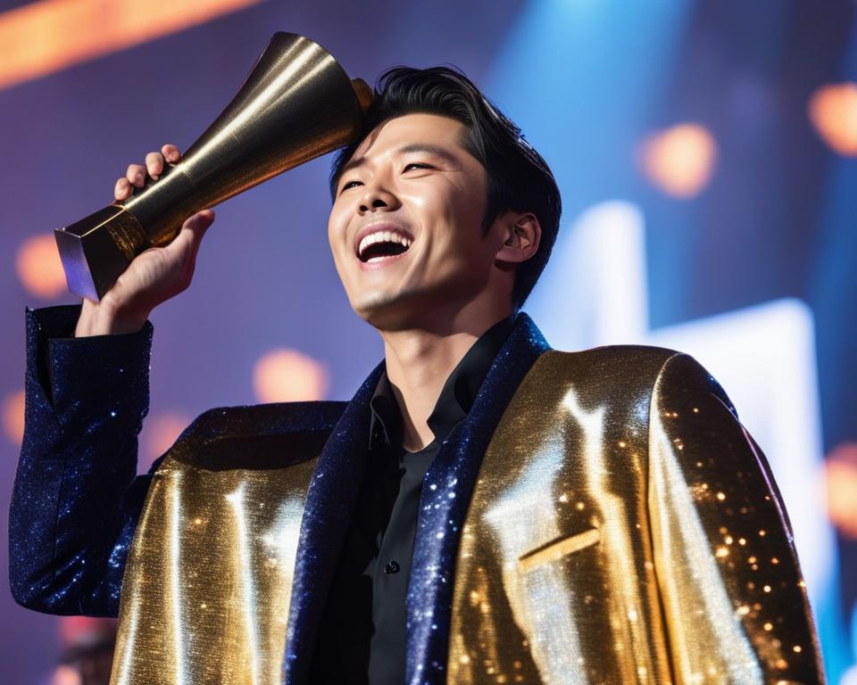 Hyun Bin di atas panggung saat diumumkan sebagai pemenang penghargaan